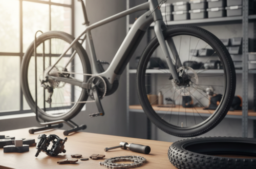 Elektrische fiets naast een werkbank met remblokken, ketting, band en meetgereedschap voor onderhoud.