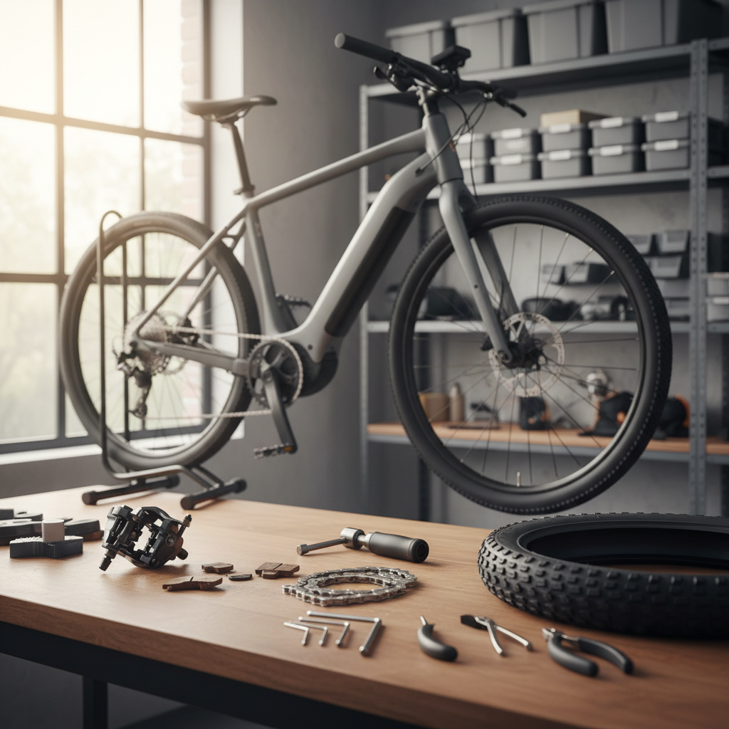 Elektrische fiets naast een werkbank met remblokken, ketting, band en meetgereedschap voor onderhoud.