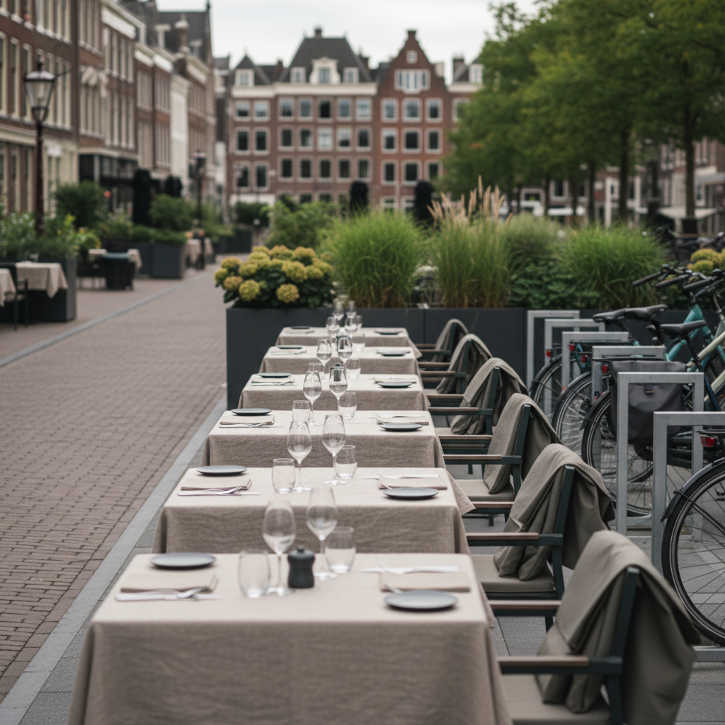 Restaurantterras met gedekte tafels, een vrije looproute en elektrische fietsen in rekken